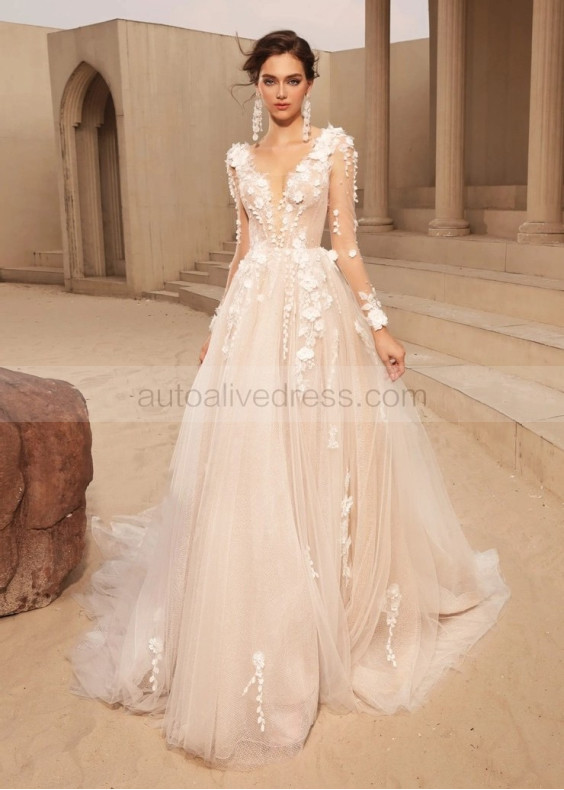 Long Sleeves Beaded Floral 3D Lace Tulle Wedding Dress